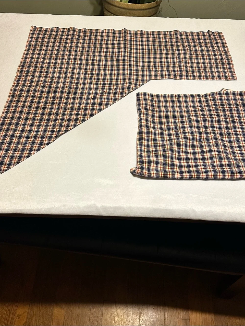 Primitive Plaid Valance Curtain Panel in Navy / Tan / Red set of 2